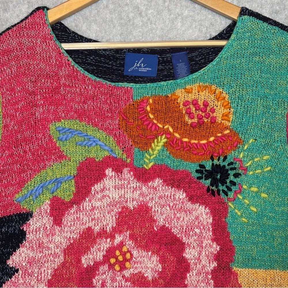 JH Collectibles VTG Colorblock Large Floral Embroidery Design Sweater-Women 3/L